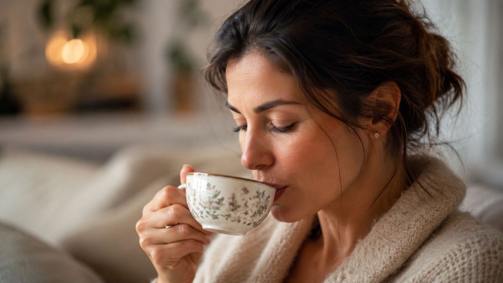 A woman relaxes and sips tea from a china cup