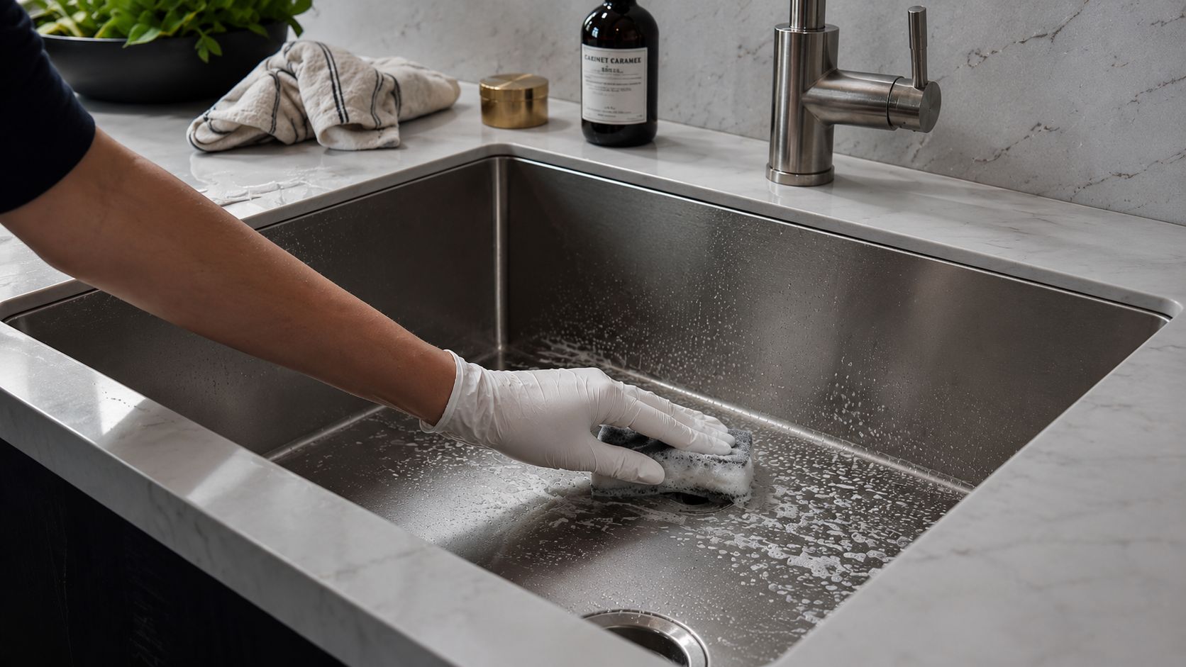 A cleaner scrubs a stainless steel sink wearing white gloves
