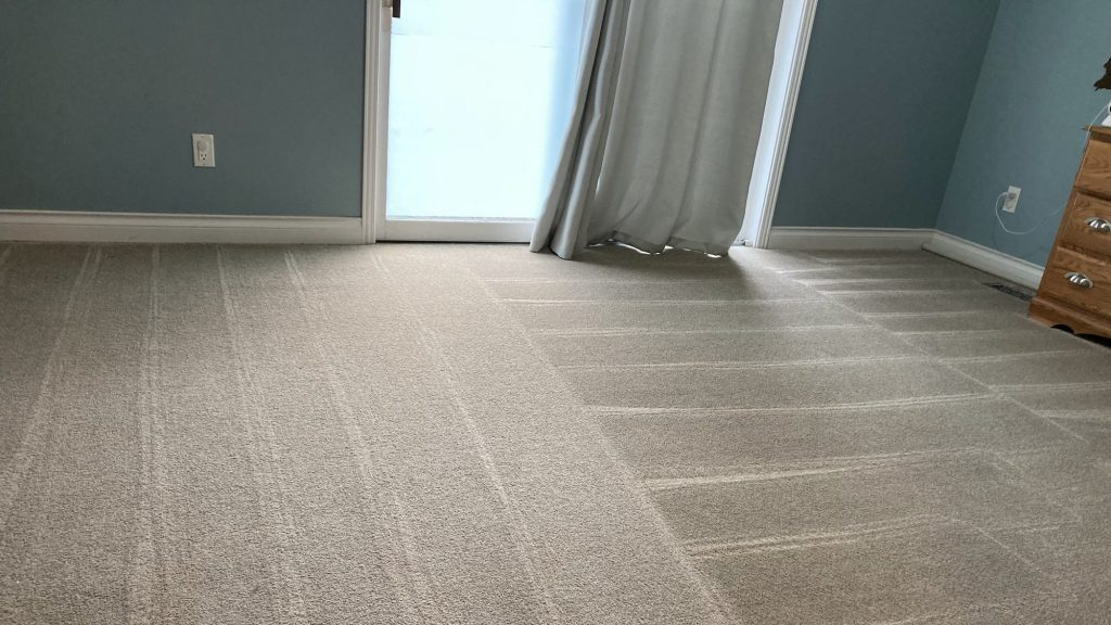 A room showing lines in the carpet from The Little Mop's carpet cleaning