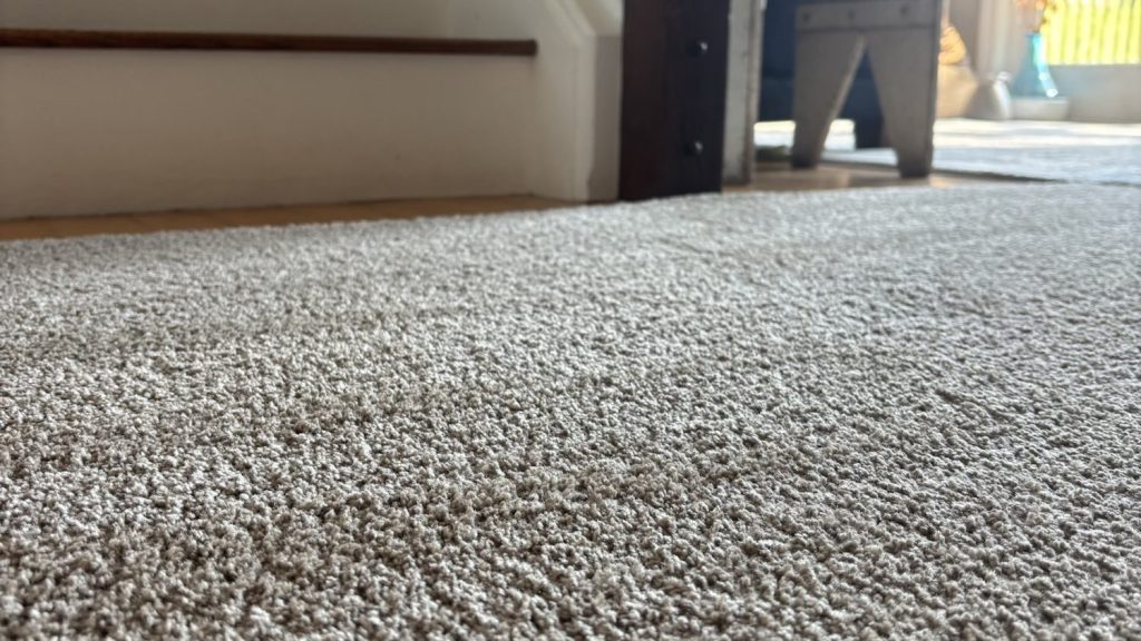 Fluffed carpets after vacuuming and carpet cleaning at the bottom of some stairs with a window in the background