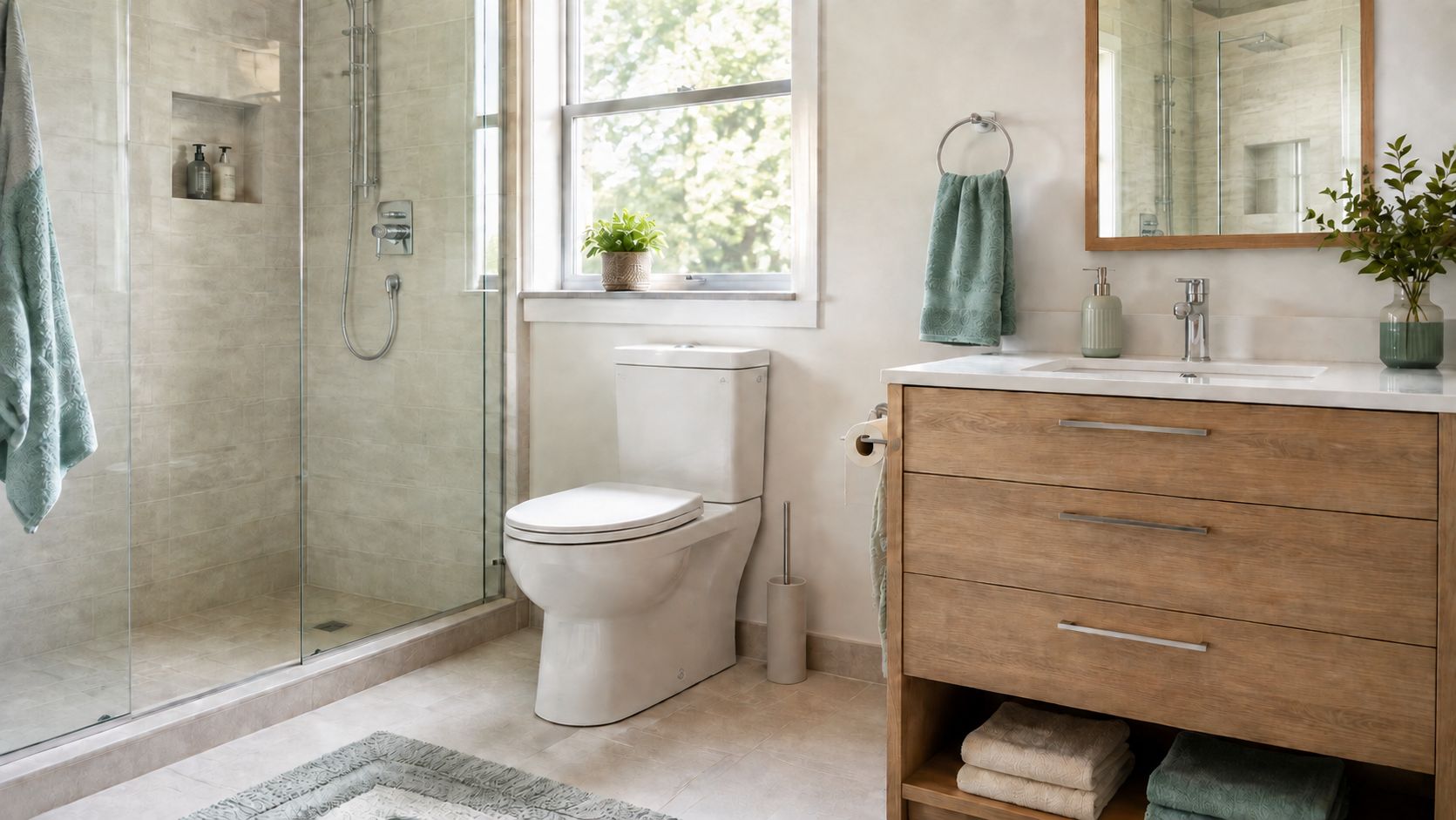 Clean bathroom with a toilet brush stored discreetly beside the toilet