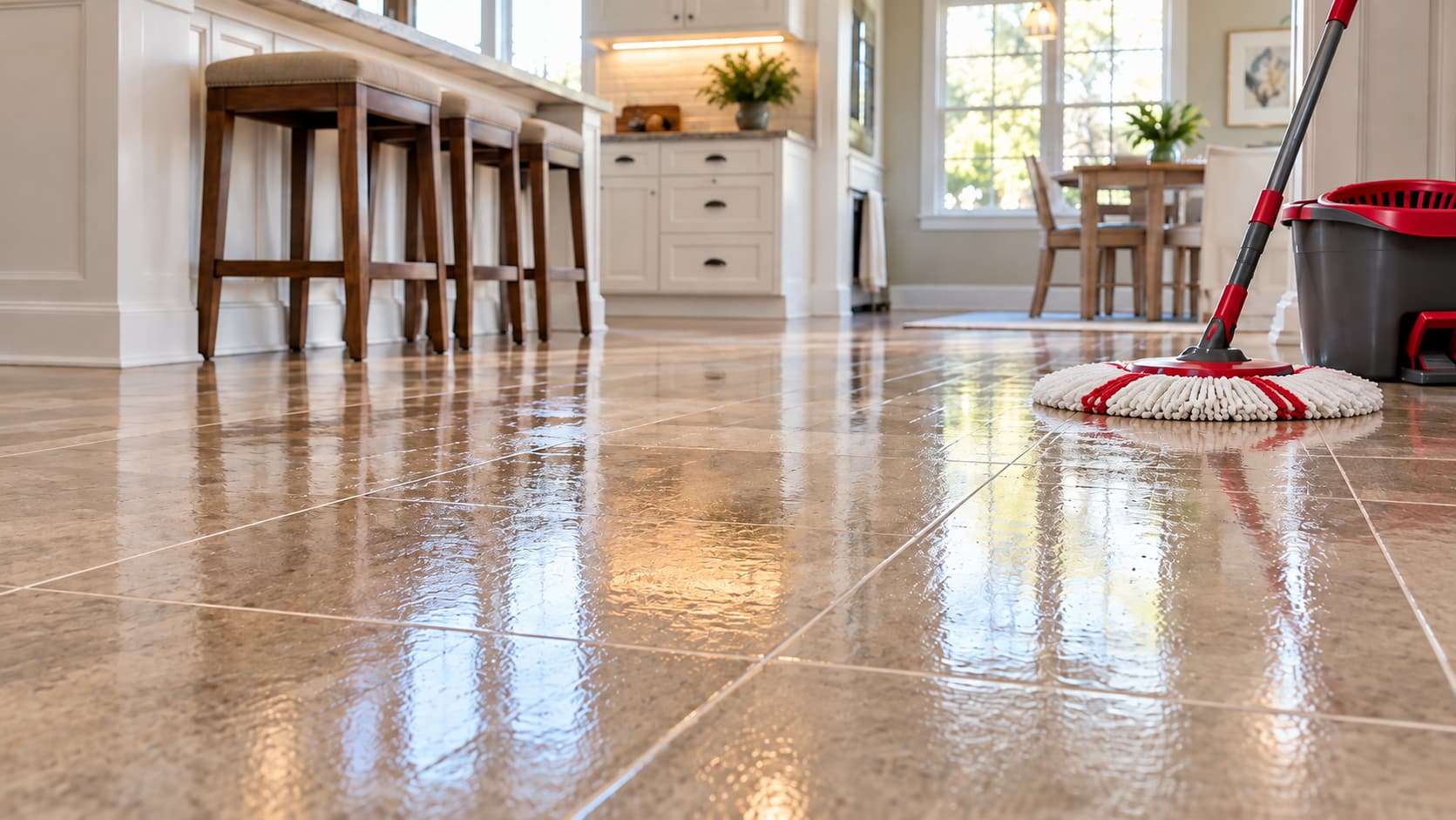 Red and white microfibre spin mop spread across a freshly mopped tiled kitchen floor, with a spin mop bucket beside it.